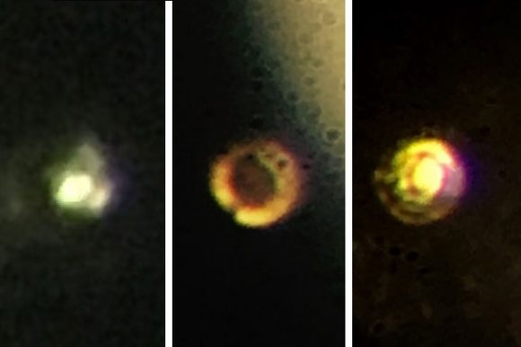 تصاویر میکروسکپی از مراحل تولید هیدروژن اتمی مولکولی: سمت چپ: هیدروژن شفاف مولکولی در فشار ۲۰۰ گیگا پاسکال که به هیدروژن سیاه مولکولی تبدیل می‌شود و در نهایت هیدروژن فلزی اتمی در فشار ۴۹۵ گیگاپاسکال