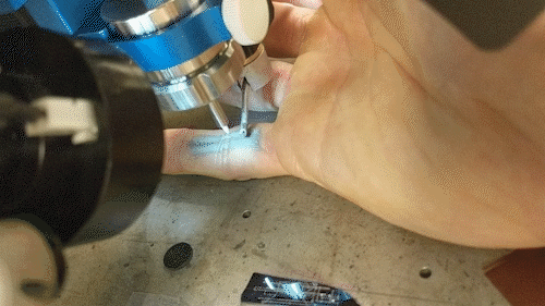 دانشجوی دکتری دانشگاه دوک، نیک ویلیامز، دو اتصال الکترونیکی فعال  را در امتداد زیر انگشت کوچک خود چاپ می کند، و چراغ LED کوچکی را بین آنها  قرار داده و ولتاژی را اعمال می‌کند تا نشان دهد که این مدار حتی وقتی انگشت خود را خم می‌کند پایدار باقی می‌ماند. 
