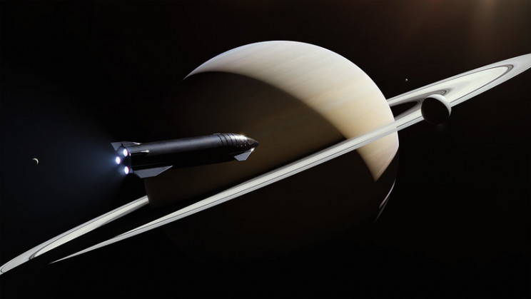 تصویری هنری از فضاپیمای بین سیارهای SpaceX در کنار زحل